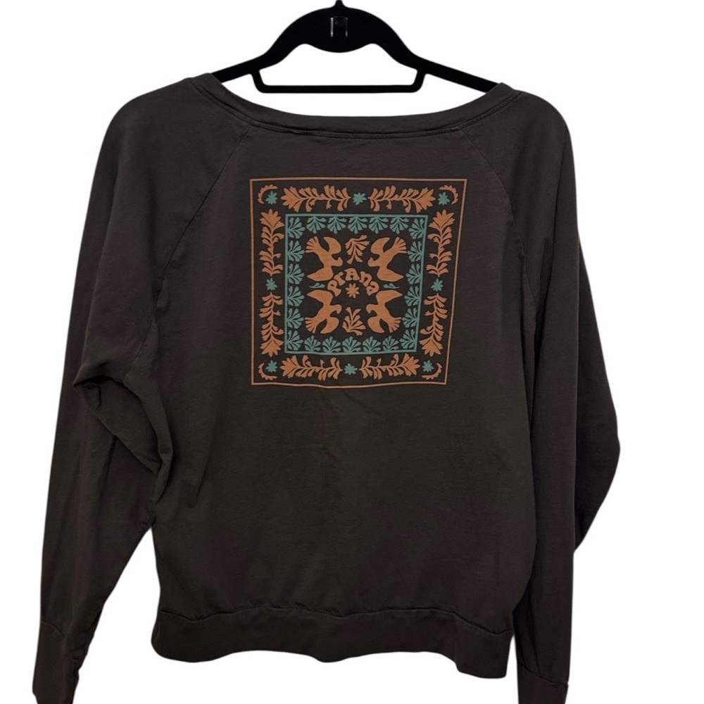 prAna Fair Trade Long Sleeve Graphic Tee Medium Charcoal Brown Boho Back Bird